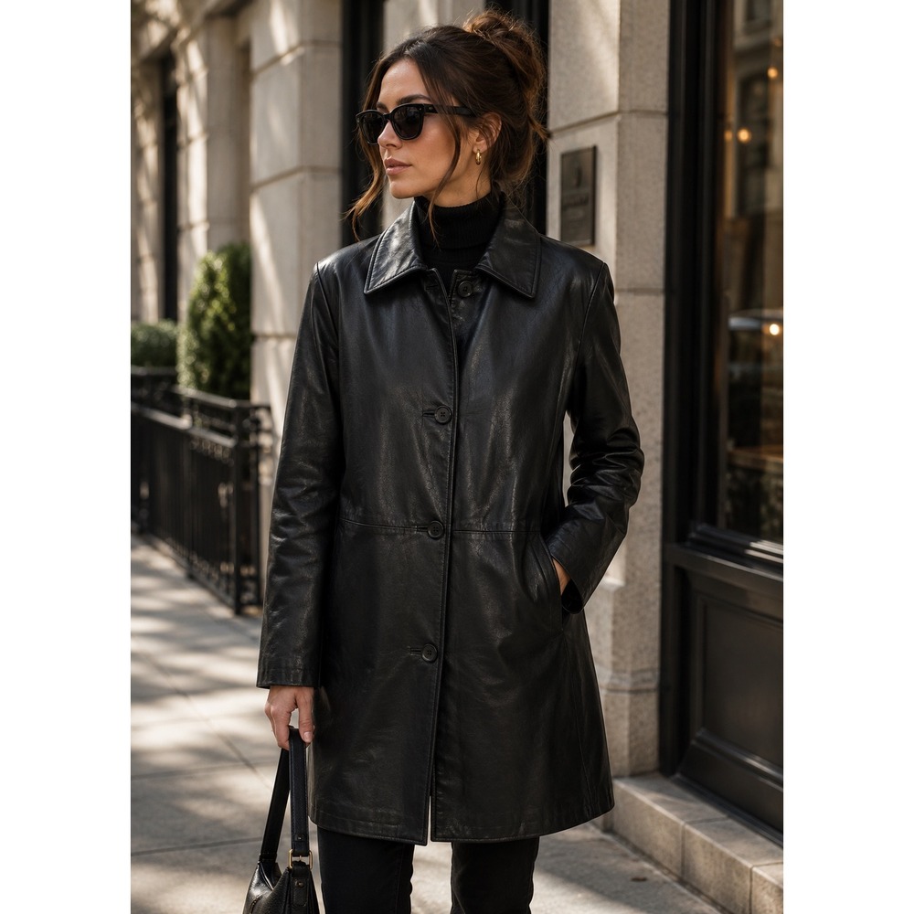 Ricardo Black Leather Car Coat XL Minimal Button Front Genuine Leather